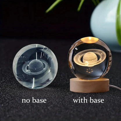 3D Galaxy Crystal Ball Night Light, LED Solar System with Wooden Base