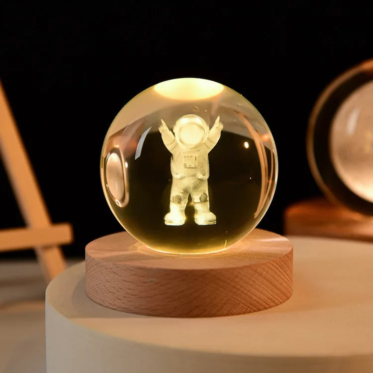 3D Galaxy Crystal Ball Night Light, LED Solar System with Wooden Base