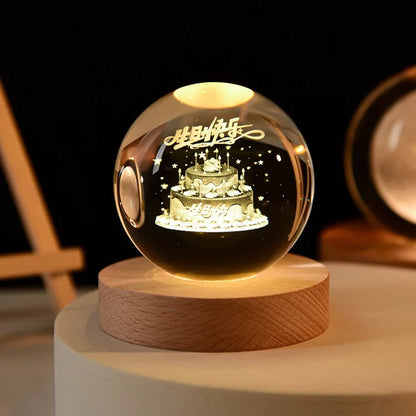 3D Galaxy Crystal Ball Night Light, LED Solar System with Wooden Base