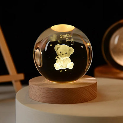 3D Galaxy Crystal Ball Night Light, LED Solar System with Wooden Base