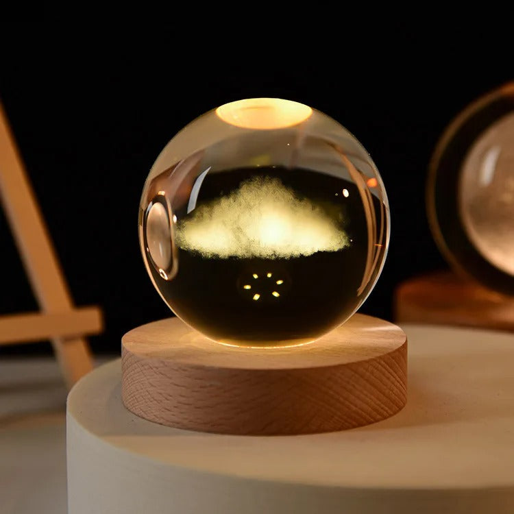 3D Galaxy Crystal Ball Night Light, LED Solar System with Wooden Base