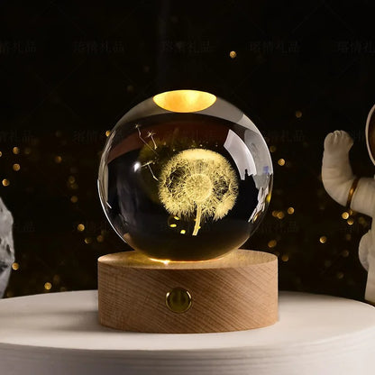 3D Galaxy Crystal Ball Night Light, LED Solar System with Wooden Base