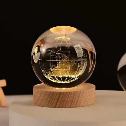 3D Galaxy Crystal Ball Night Light, LED Solar System with Wooden Base