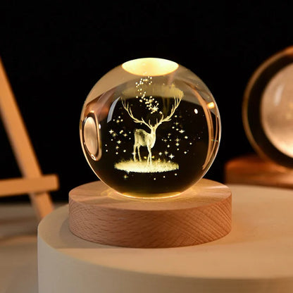 3D Galaxy Crystal Ball Night Light, LED Solar System with Wooden Base