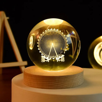 3D Galaxy Crystal Ball Night Light, LED Solar System with Wooden Base