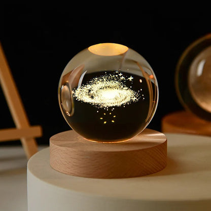 3D Galaxy Crystal Ball Night Light, LED Solar System with Wooden Base