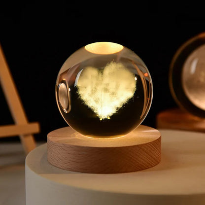 3D Galaxy Crystal Ball Night Light, LED Solar System with Wooden Base