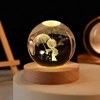 3D Galaxy Crystal Ball Night Light, LED Solar System with Wooden Base