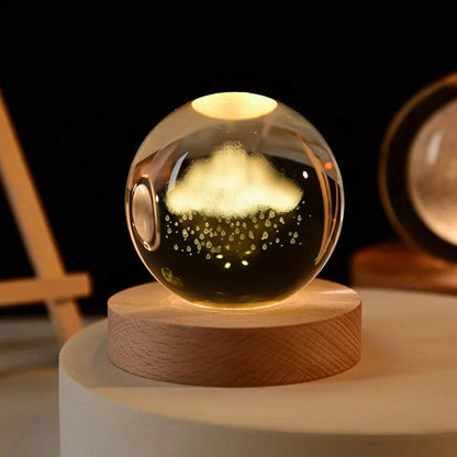 3D Galaxy Crystal Ball Night Light, LED Solar System with Wooden Base