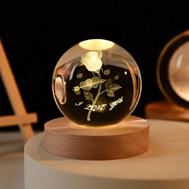 3D Galaxy Crystal Ball Night Light, LED Solar System with Wooden Base