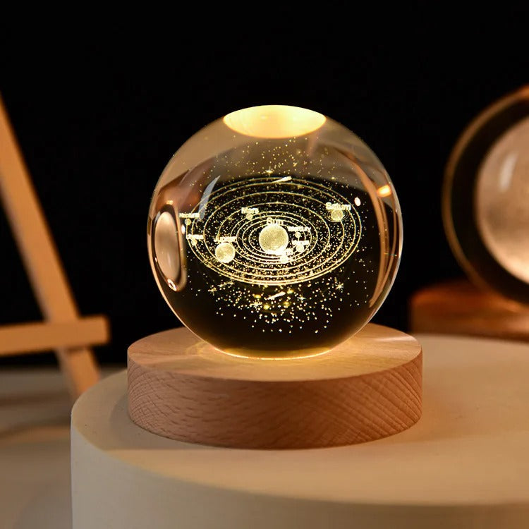 3D Galaxy Crystal Ball Night Light, LED Solar System with Wooden Base