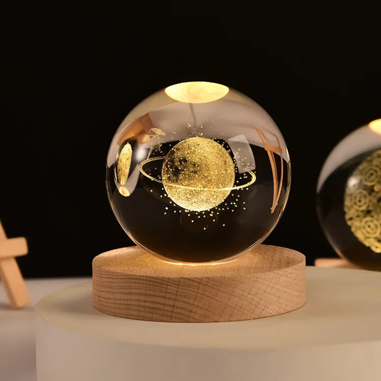 3D Galaxy Crystal Ball Night Light, LED Solar System with Wooden Base