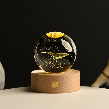 3D Galaxy Crystal Ball Night Light, LED Solar System with Wooden Base